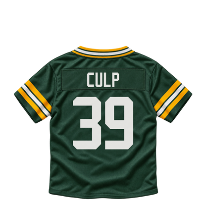Green Bay Packers jersey keychain — Elijah Culp #39. Exact saved player artwork preview.