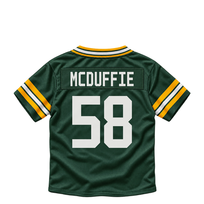 Green Bay Packers jersey keychain — Isaiah McDuffie #58. Exact saved player artwork preview.