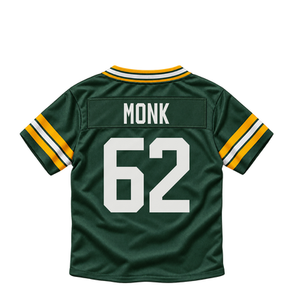 Green Bay Packers jersey keychain — Jacob Monk #62. Exact saved player artwork preview.