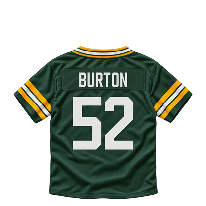 Green Bay Packers jersey keychain — Jager Burton #52. Exact saved player artwork preview.