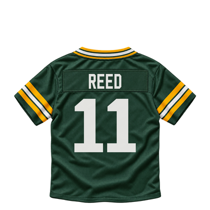 Green Bay Packers jersey keychain — Jayden Reed #11. Exact saved player artwork preview.