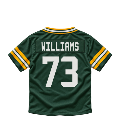 Green Bay Packers jersey keychain — John Williams #73. Exact saved player artwork preview.