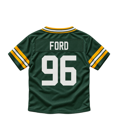 Green Bay Packers jersey keychain — Jonathan Ford #96. Exact saved player artwork preview.