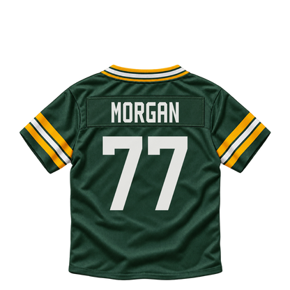 Green Bay Packers jersey keychain — Jordan Morgan #77. Exact saved player artwork preview.