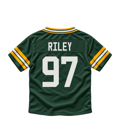 Green Bay Packers jersey keychain — Jordon Riley #97. Exact saved player artwork preview.