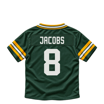 Green Bay Packers jersey keychain — Josh Jacobs #8. Exact saved player artwork preview.