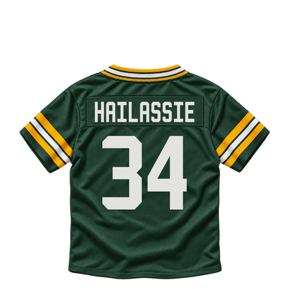 Green Bay Packers jersey keychain — Kahlef Hailassie #34. Exact saved player artwork preview.