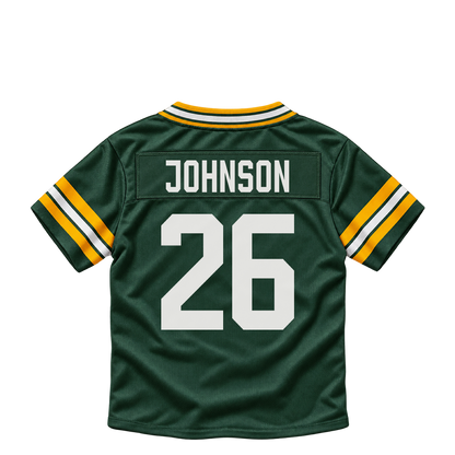 Green Bay Packers jersey keychain — Kaleb Johnson #26. Exact saved player artwork preview.