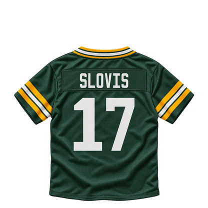Green Bay Packers jersey keychain — Kedon Slovis #17. Exact saved player artwork preview.
