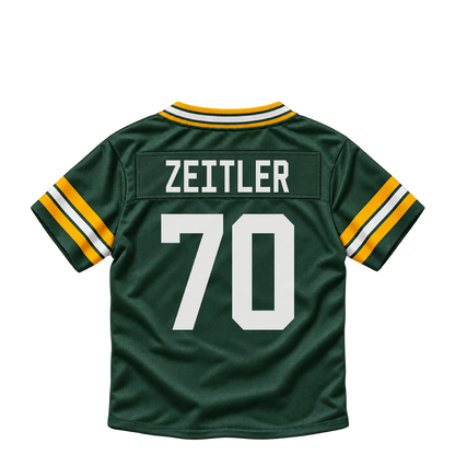Green Bay Packers jersey keychain — Kevin Zeitler #70. Exact saved player artwork preview.