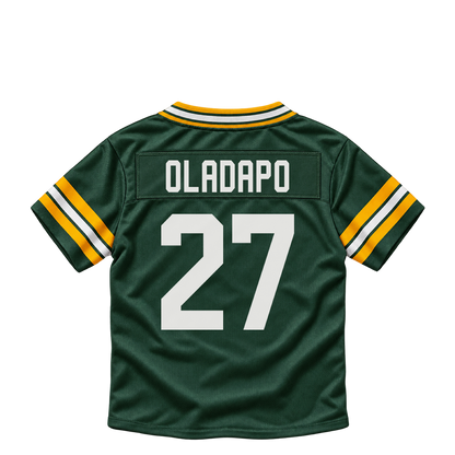 Green Bay Packers jersey keychain — Kitan Oladapo #27. Exact saved player artwork preview.