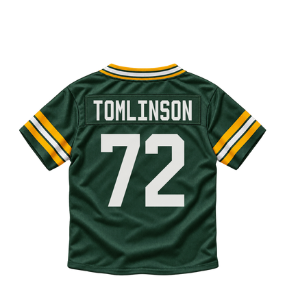 Green Bay Packers jersey keychain — Laken Tomlinson #72. Exact saved player artwork preview.