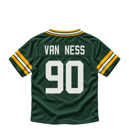 Green Bay Packers jersey keychain — Lukas Van Ness #90. Exact saved player artwork preview.