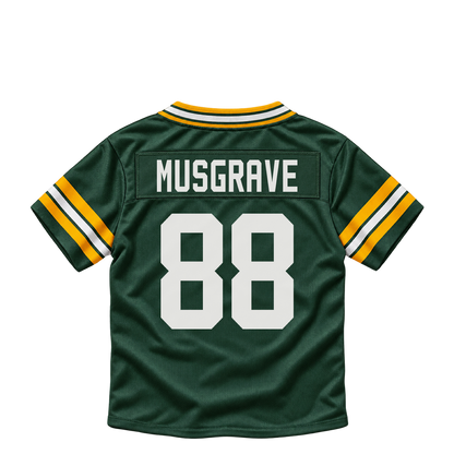 Green Bay Packers jersey keychain — Luke Musgrave #88. Exact saved player artwork preview.