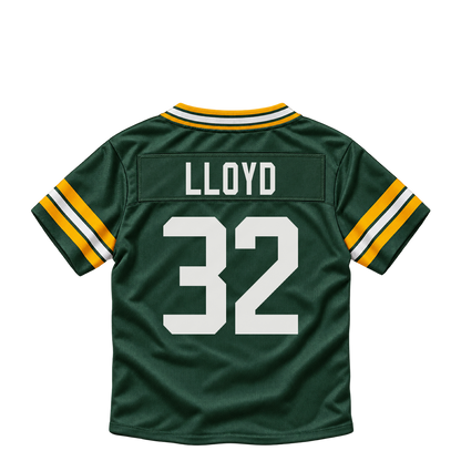 Green Bay Packers jersey keychain — MarShawn Lloyd #32. Exact saved player artwork preview.