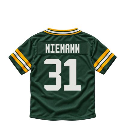 Green Bay Packers jersey keychain — Nick Niemann #31. Exact saved player artwork preview.
