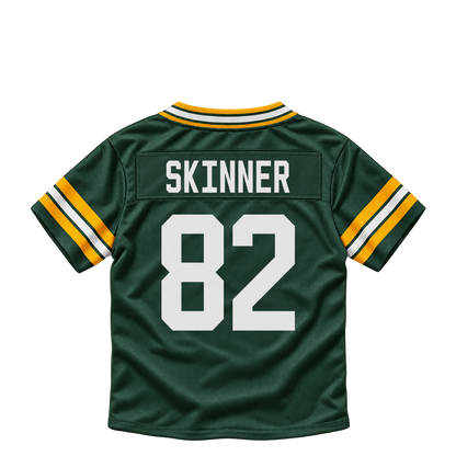 Green Bay Packers jersey keychain — Quincy Skinner Jr. #82. Exact saved player artwork preview.