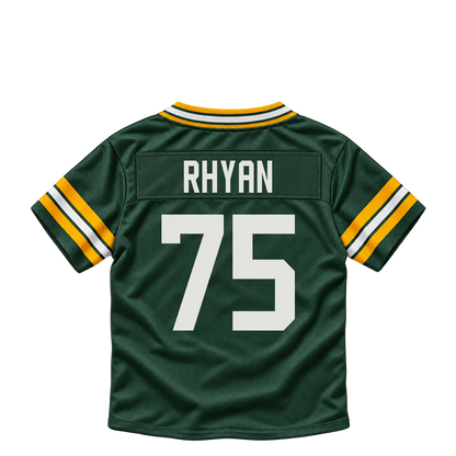Green Bay Packers jersey keychain — Sean Rhyan #75. Exact saved player artwork preview.