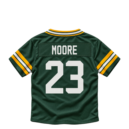 Green Bay Packers jersey keychain — Skyy Moore #23. Exact saved player artwork preview.