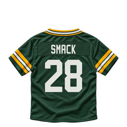 Green Bay Packers jersey keychain — Trey Smack #28. Exact saved player artwork preview.