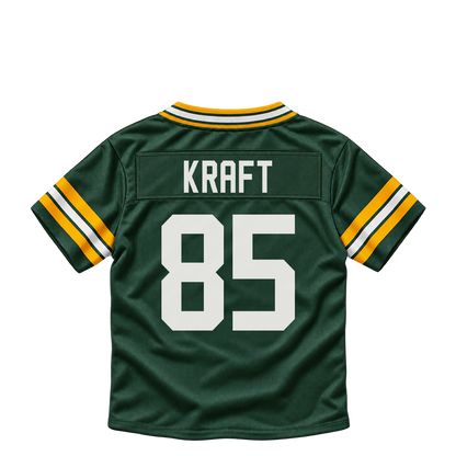 Green Bay Packers jersey keychain — Tucker Kraft #85. Exact saved player artwork preview.
