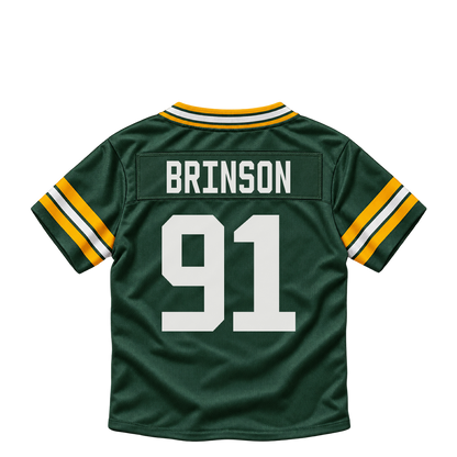 Green Bay Packers jersey keychain — Warren Brinson #91. Exact saved player artwork preview.