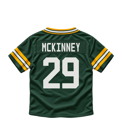 Green Bay Packers jersey keychain — Xavier McKinney #29. Exact saved player artwork preview.