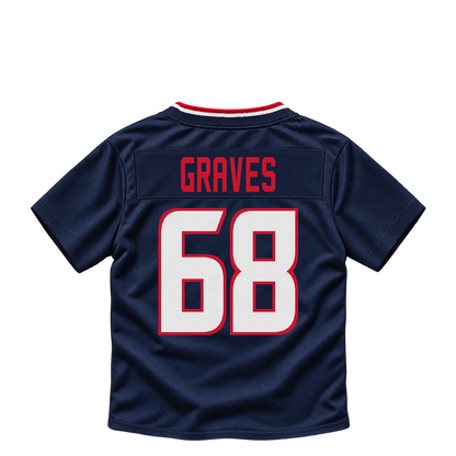 Houston Texans jersey keychain — Aaron Graves #68. Exact saved player artwork preview.