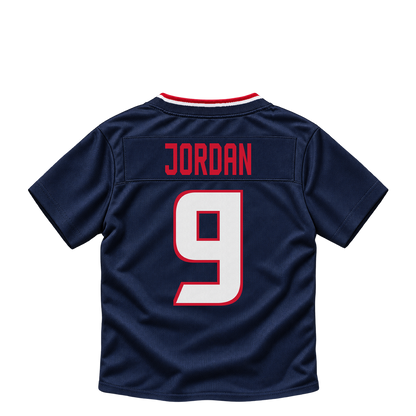 Houston Texans jersey keychain — Brevin Jordan #9. Exact saved player artwork preview.