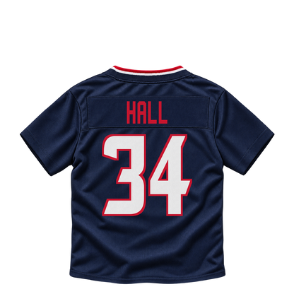 Houston Texans jersey keychain — Bryce Hall #34. Exact saved player artwork preview.