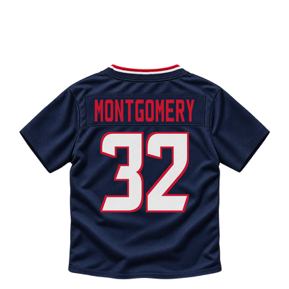 Houston Texans jersey keychain — David Montgomery #32. Exact saved player artwork preview.