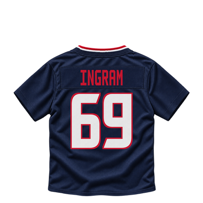 Houston Texans jersey keychain — Ed Ingram #69. Exact saved player artwork preview.