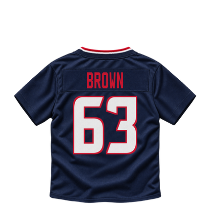Houston Texans jersey keychain — Evan Brown #63. Exact saved player artwork preview.