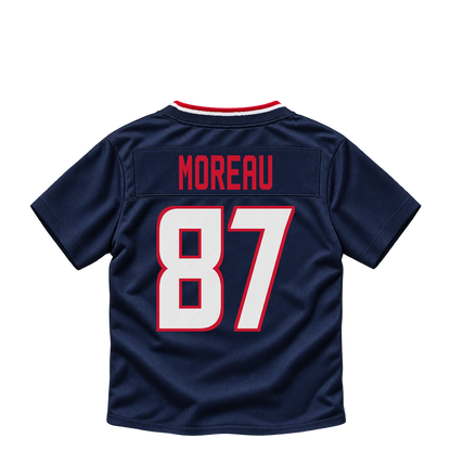 Houston Texans jersey keychain — Foster Moreau #87. Exact saved player artwork preview.