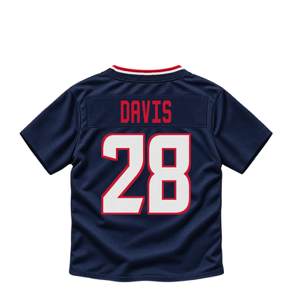 Houston Texans jersey keychain — Jaden Davis #28. Exact saved player artwork preview.