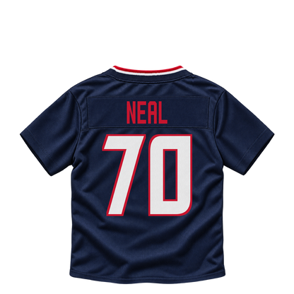Houston Texans jersey keychain — James Neal III #70. Exact saved player artwork preview.