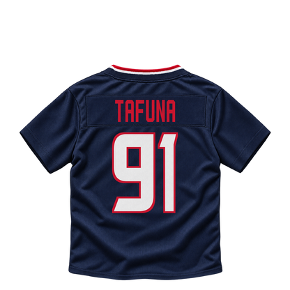 Houston Texans jersey keychain — Junior Tafuna #91. Exact saved player artwork preview.