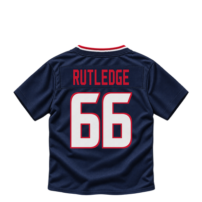 Houston Texans jersey keychain — Keylan Rutledge #66. Exact saved player artwork preview.