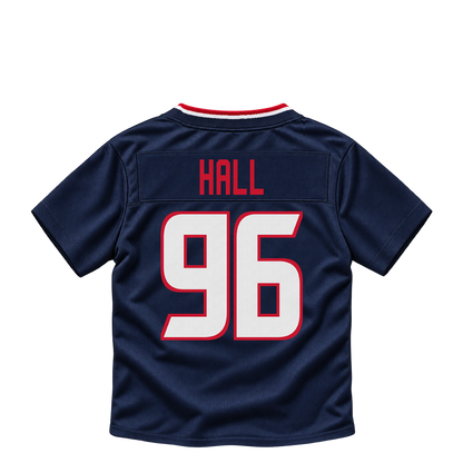 Houston Texans jersey keychain — Logan Hall #96. Exact saved player artwork preview.