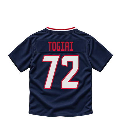 Houston Texans jersey keychain — Tommy Togiai #72. Exact saved player artwork preview.