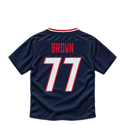 Houston Texans jersey keychain — Trent Brown #77. Exact saved player artwork preview.