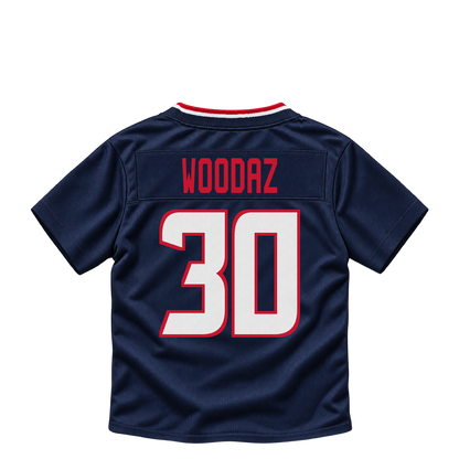 Houston Texans jersey keychain — Wade Woodaz #30. Exact saved player artwork preview.