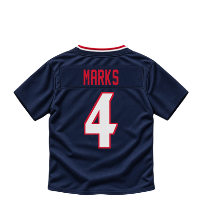 Houston Texans jersey keychain — Woody Marks #4. Exact saved player artwork preview.