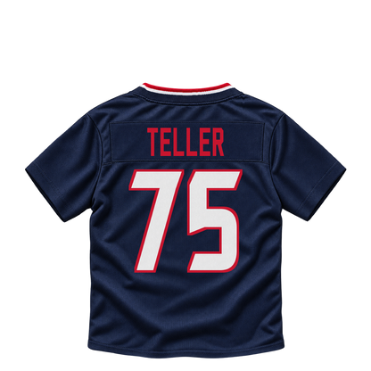 Houston Texans jersey keychain — Wyatt Teller #75. Exact saved player artwork preview.