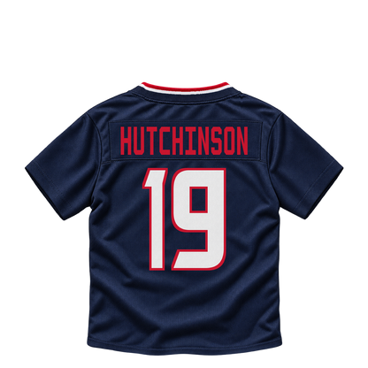 Houston Texans jersey keychain — Xavier Hutchinson #19. Exact saved player artwork preview.