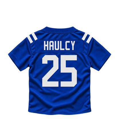 Indianapolis Colts jersey keychain — AJ Haulcy #25. Exact saved player artwork preview.