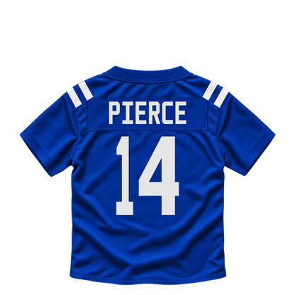 Indianapolis Colts jersey keychain — Alec Pierce #14. Exact saved player artwork preview.