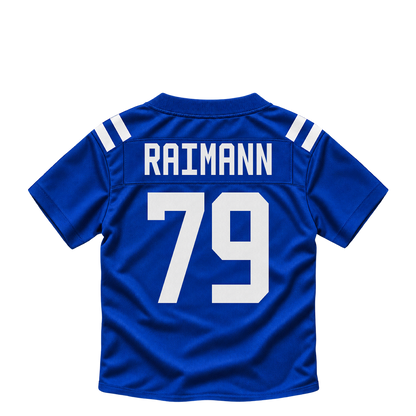 Indianapolis Colts jersey keychain — Bernhard Raimann #79. Exact saved player artwork preview.