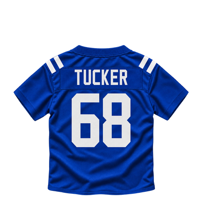Indianapolis Colts jersey keychain — Dalton Tucker #68. Exact saved player artwork preview.