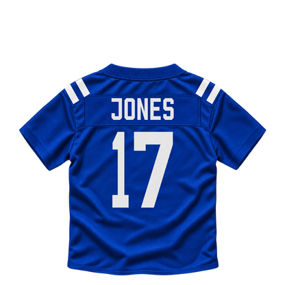 Indianapolis Colts jersey keychain — Daniel Jones #17. Exact saved player artwork preview.
